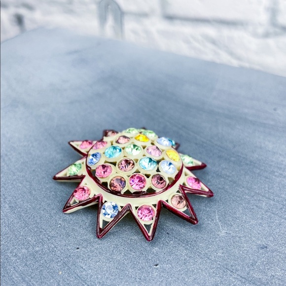 VINTAGE Celluloid Glass Rhinestone Colorful Flower Brooch Sunshine Art Deco Pin - Picture 3 of 6